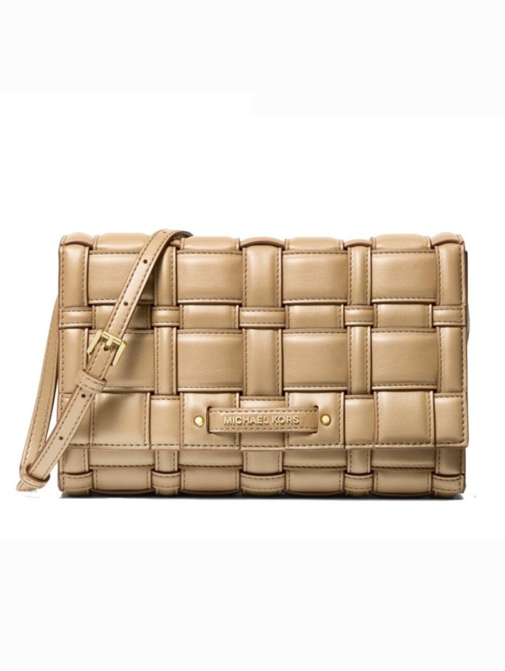 Michael Kors Woven Leather Crossbody in Light Tan with Gold Hardware